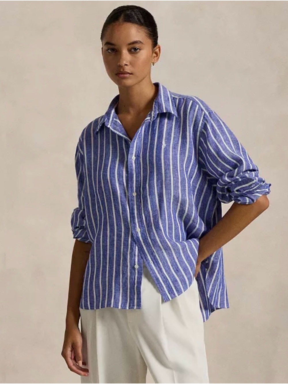 Ralph Lauren Blue and White Stripe Linen Button-Down Shirt